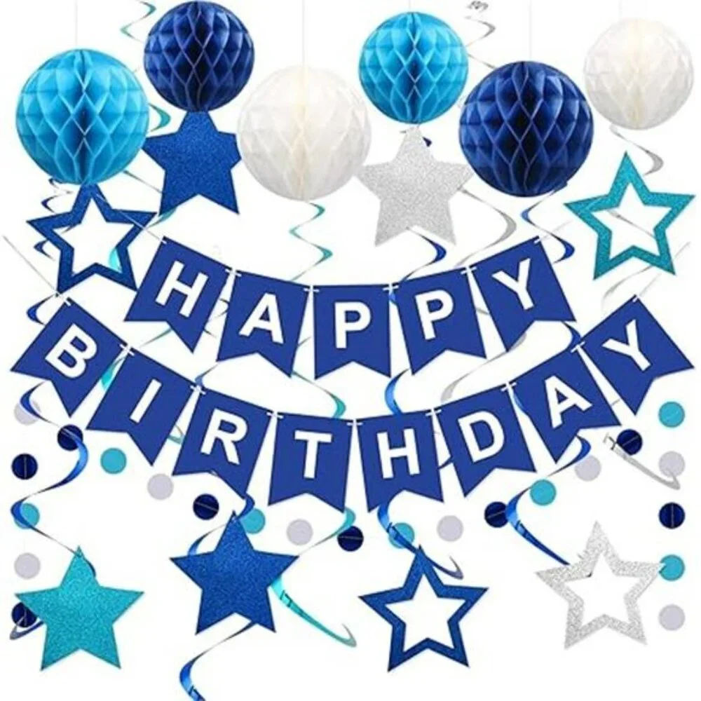 Blue Happy Birthday Party Decorations Set Banner Swirls Garland for Kids Adults